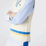 Lacoste אפוד סוודר צמר בכושר קלאסי DZ4D0D1471 לבן צהוב כחול 7mz גברים - Image 4