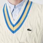 Lacoste אפוד סוודר צמר בכושר קלאסי DZ4D0D1471 לבן צהוב כחול 7mz גברים - Image 5