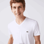 Lacoste חולצת טי של פימה כותנה עם צווארון V DZ4D0D40 לבן 001 גברים - Image 4