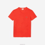 Lacoste חולצת טי של פימה כותנה עם צווארון V DZ4D0D39 כתום 02k גברים - Image 4