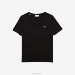 Lacoste חולצת טריקו כותנה עם צווארון V DZ4D0D2606 שחור 031 נשים - Image 4
