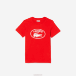 Lacoste חולצת טריקו מג'רזי מכותנה ממותגת בניגוד DZ4D0D3030 אדום f8m ילדים - Image 5