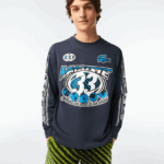 Lacoste חולצת טריקו מודפסת עם שרוול ארוך בגזרה רופפת DZ4D0D148 כחול שי גברים