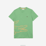 Lacoste חולצת טריקו מכותנה אורגנית עם צווארון צווארון בהדפס תנין DZ4D0D904 ירוק ttf גברים - Image 4