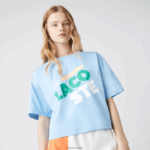 Lacoste חולצת טריקו מכותנה אורגנית קצרה עם כתמים משוחררים DZ4D0D2611 כחול hbp נשים - Image 2