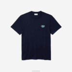 Lacoste חולצת טריקו מכותנה אורגנית של תנינים בצבע צוואר צוואר DZ4D0D920 כחול כהה 166 גברים - Image 4