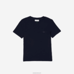 Lacoste חולצת טריקו מתערובת כותנה עם צווארון צוואר DZ4D0D2564 כחול כהה 166 נשים - Image 4
