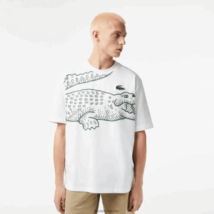 Lacoste חולצת טריקו עם צווארון עגול בגזרה רופפת בהדפס תנין DZ4D0D254 לבן 001 גברים