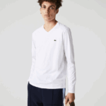 Lacoste חולצת טריקו קלת משקל עם צווארון V מכותנה פימה DZ4D0D675 לבן 001 גברים - Image 4