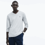 Lacoste חולצת טריקו קלת משקל עם צווארון V מכותנה פימה DZ4D0D677 chine אפור cca גברים - Image 5