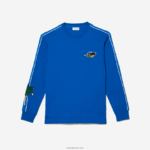 Lacoste חולצת טריקו של להקה ממותגת DZ4D0D722 כחול k1q גברים