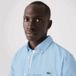 Lacoste חולצת כותנה ופשתן משובצת בגזרה דקיקה DZ4D0D1647 כחול לבן fv2 גברים