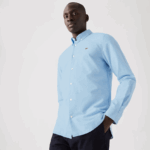 Lacoste חולצת כותנה ופשתן משובצת בגזרה דקיקה DZ4D0D1647 כחול לבן fv2 גברים - Image 4