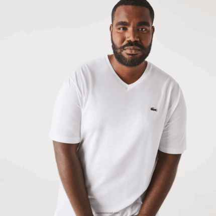 Lacoste חולצת פולו כותנה עם צווארון V בגזרה רגילה (בתוספת מידה) DZ4D0D707 לבן 001 גברים