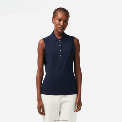 Lacoste חולצת פולו פיקה מכותנה ללא שרוולים בגזרה דקיקה DZ4D0D2498 כחול כהה 166 נשים