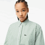Lacoste חולצת פופלין מכותנה פסים DZ4D0D2448 ירוק חאקי לבן vi4 נשים - Image 2
