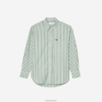 Lacoste חולצת פופלין מכותנה פסים DZ4D0D2448 ירוק חאקי לבן vi4 נשים - Image 4