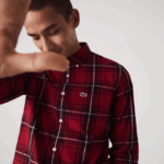 Lacoste חולצת פופלין משובצת משובצת בגזרה דקיקה DZ4D0D1612 בורדו שחור לבן llu גברים - Image 4