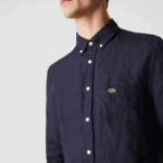 Lacoste חולצת פשתן בכושר רגיל DZ4D0D1650 כחול כהה 166 גברים - Image 4
