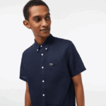 Lacoste חולצת פשתן עם שרוולים קצרים DZ4D0D491 כחול כהה 166 גברים - Image 2