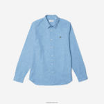 Lacoste חולצת צ'מברי מכותנה בגזרה דקיקה DZ4D0D1520 כחול לבן fv2 גברים - Image 3