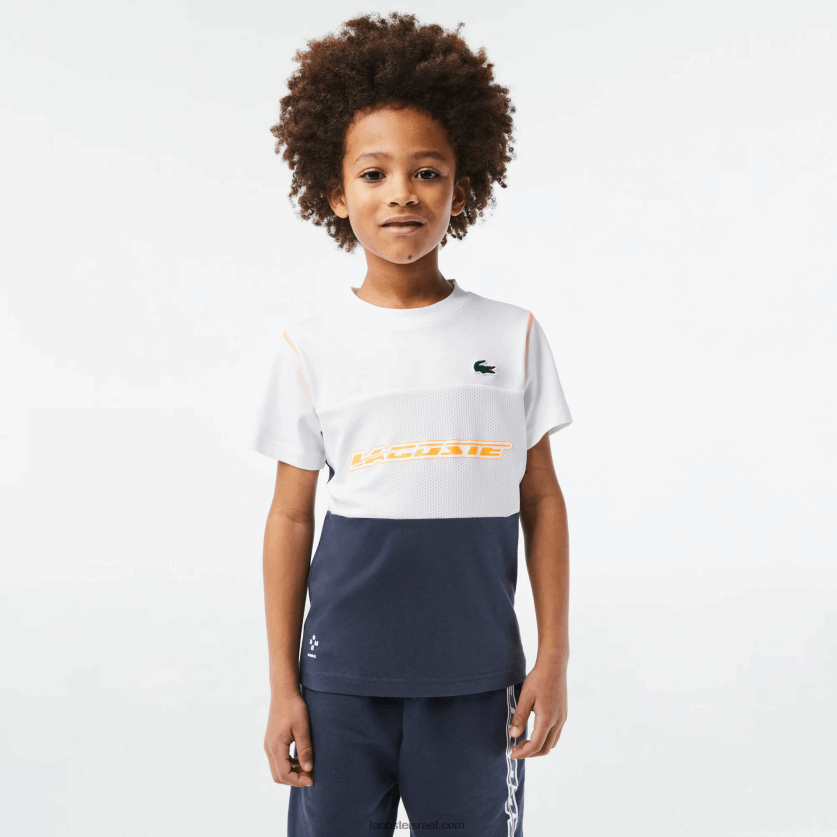Lacoste טניס x daniil medvedev חולצת טריקו DZ4D0D3005 לבן כחול כתום wyi בנים - Image 1