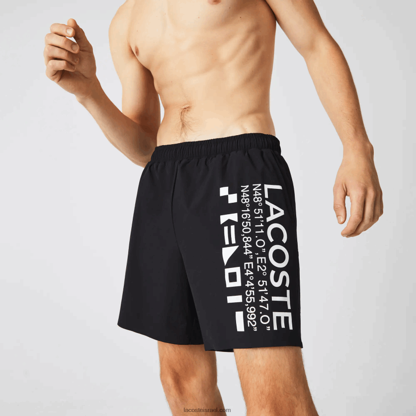 Lacoste מכנסי ים בהדפס ימי DZ4D0D1662 שחור לבן 9 מ"ר גברים - Image 7