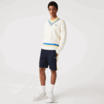 Lacoste מכנסי צמר מוברש בצבע בלוק DZ4D0D1516 כחול כהה צהוב 144 גברים