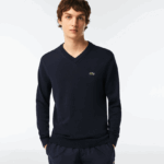 Lacoste סוודר כותנה אורגנית עם צווארון V DZ4D0D1326 כחול כהה 166 גברים