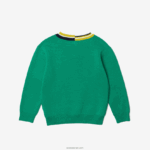 Lacoste סוודר כותנה בצוואר ניגודיות DZ4D0D3283 ירוק לבן ec1 ילדים - Image 2