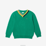 Lacoste סוודר כותנה בצוואר ניגודיות DZ4D0D3283 ירוק לבן ec1 ילדים