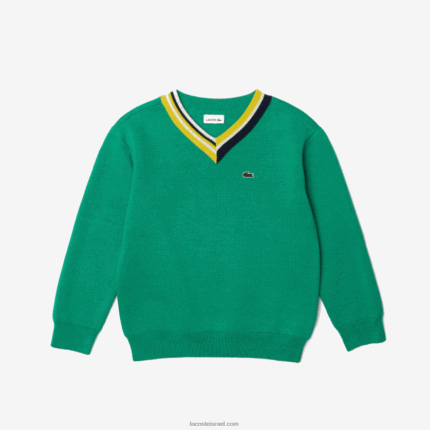 Lacoste סוודר כותנה בצוואר ניגודיות DZ4D0D3283 ירוק לבן ec1 ילדים