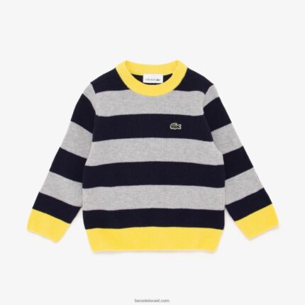 Lacoste סוודר כותנה עם פסים בצווארון ניגודי DZ4D0D3251 סיני אפור כחול כהה צהוב 7wr בנים