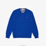 Lacoste סוודר כותנה עם צווארון V DZ4D0D1636 כחול q3f גברים
