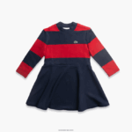 Lacoste סוודר עם צווארון גולף בסריג פסים DZ4D0D3294 כחול כהה אדום 0y4 בנות - Image 3