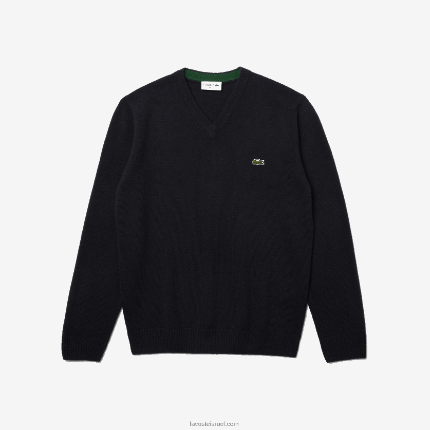 Lacoste סוודר צמר עם צווארון V DZ4D0D1555 כחול כהה 166 גברים - Image 3