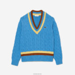 Lacoste סוודר צמר עם צווארון V DZ4D0D2636 כחול צהוב חום 060 נשים - Image 5