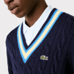 Lacoste סוודר צמר פסים בהתאמה קלאסית DZ4D0D1517 כחול כהה צהוב כחול 7kz גברים - Image 2