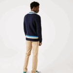Lacoste סוודר צמר פסים בהתאמה קלאסית DZ4D0D1517 כחול כהה צהוב כחול 7kz גברים - Image 3