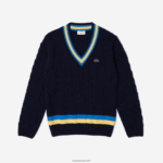 Lacoste סוודר צמר פסים בהתאמה קלאסית DZ4D0D1517 כחול כהה צהוב כחול 7kz גברים - Image 5