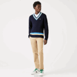 Lacoste סוודר צמר פסים בהתאמה קלאסית DZ4D0D1517 כחול כהה צהוב כחול 7kz גברים - Image 6