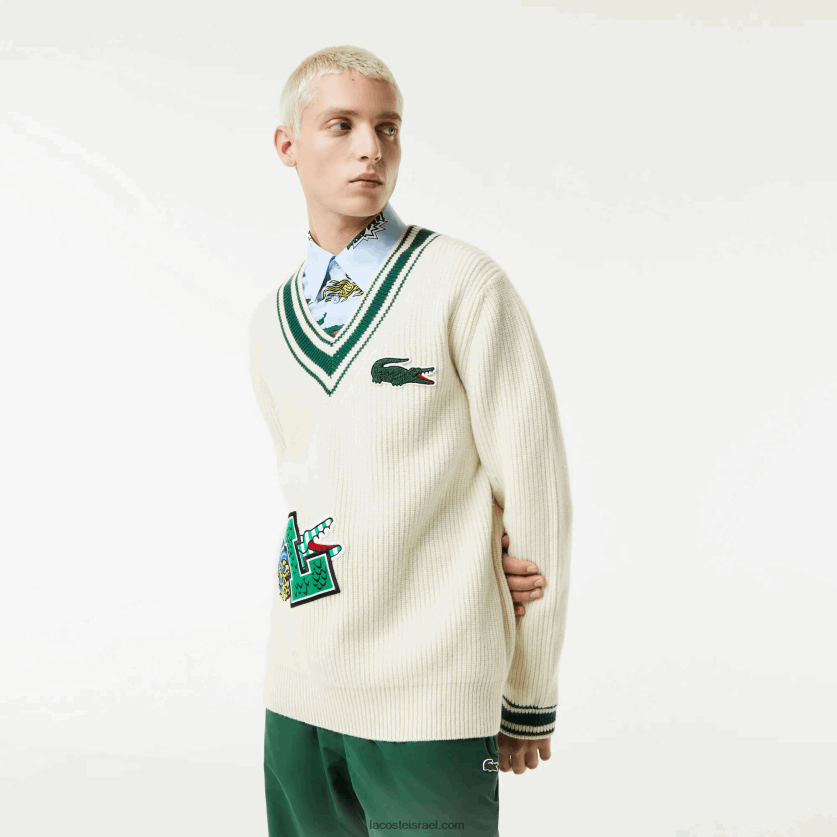 lacoste_d7a1d795d795d793d7a8_d7aad792_d7a7d795d79ed799_dz4d0d1377_d79cd791d79f_d799d7a8d795d7a7_x0n_d792d791d7a8d799d79d.png Lacoste סוודר תג קומי DZ4D0D1377 לבן ירוק x0n גברים - Image 1