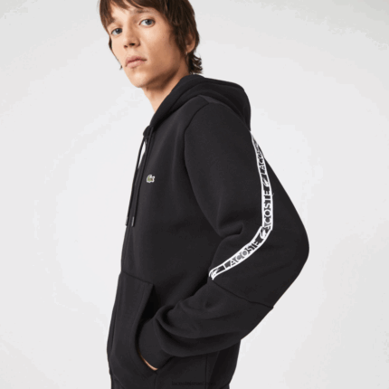 Lacoste סווטשירט עם רוכסן עם קפוצ'ון להקות מודפסות DZ4D0D1240 שחור 031 גברים
