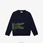 Lacoste סווטשירט פליסה בהדפס תנין DZ4D0D3245 כחול כהה לבן qrn ילדים
