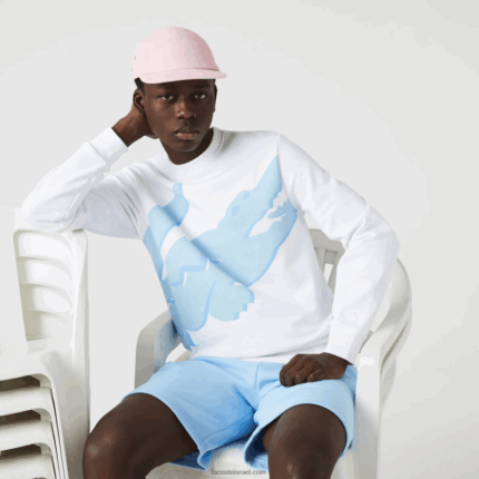 Lacoste סווטשירט צמר כותנה אורגנית בהדפס צוואר צוואר DZ4D0D1075 לבן 001 גברים