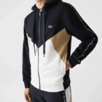 Lacoste סווטשירט צמר עם רוכסן באותיות קולורבלוק עם ברדס DZ4D0D997 כחול כהה לבן בז' e8t גברים - Image 5
