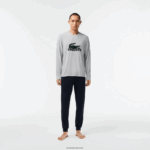 Lacoste סט פיג'מה ארוך עם לוגו קטיפה DZ4D0D1457 כחול כהה אפור סין ירוק vxd גברים
