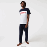 Lacoste סט פיג'מה ארוכה מכותנה מתיחה קולורבלוק DZ4D0D1510 אפור סיני נייבי לבן אדום 4ty גברים