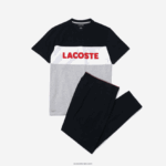 Lacoste סט פיג'מה ארוכה מכותנה מתיחה קולורבלוק DZ4D0D1510 אפור סיני נייבי לבן אדום 4ty גברים - Image 4