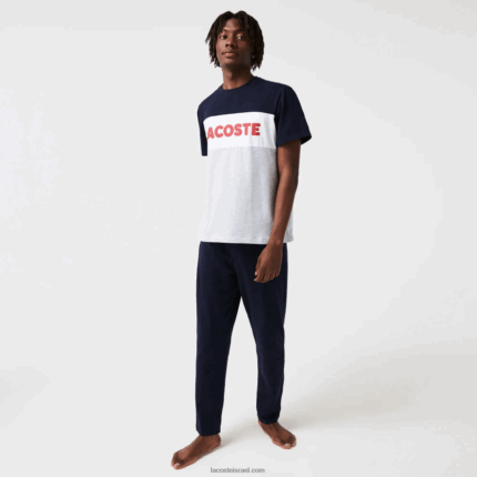 Lacoste סט פיג'מה ארוכה מכותנה מתיחה קולורבלוק DZ4D0D1510 אפור סיני נייבי לבן אדום 4ty גברים